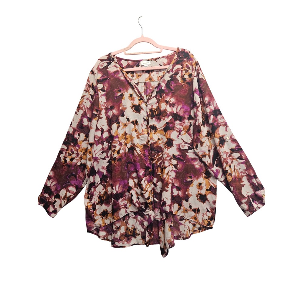 Avenue Womens 22/24 Floral Tie Front Blouse Roll Tab Sleeve Plum Burgundy Gold